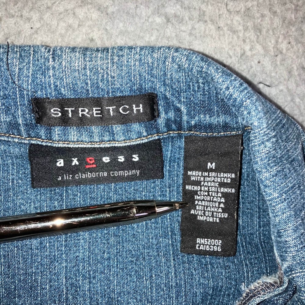 Axcess Denim Jacket Women Medium Blue Stretch Tailored Button Up y2k Peplum Hem - Picture 4 of 10